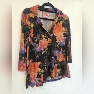 Johnny Was Bossa Nova Floral Collared 3/4 Sleeve Swing Polo Women's Size Medium